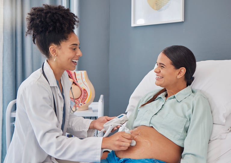 Pregnant woman, hospital ultrasound and doctor with stomach scan for baby healthcare, medical support or gynecology