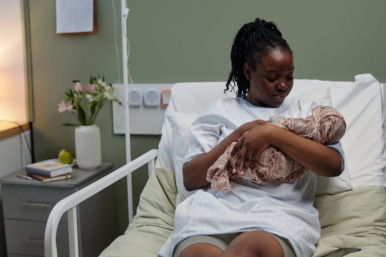 Caring mother holding newborn baby while sitting on hospital bed in maternity ward