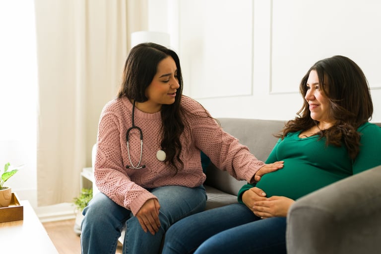 Female medical professional palpating expectant mother's abdomen during home consultation, offering specialized prenatal care