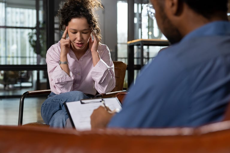 Woman client feeling stressed during therapy session in office