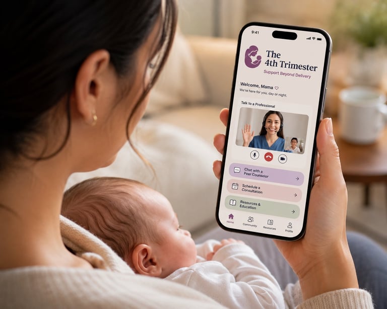 Woman holding newborn baby while viewing The 4th Trimester parenting app on smartphone screen